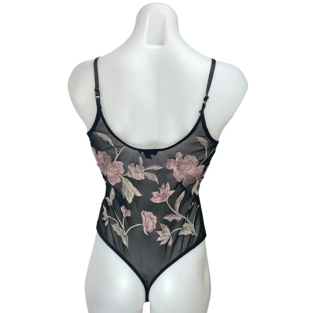 Express Black Pink Floral Embroidered Mesh Sheer Sleeveless Cami Bodysuit Top S